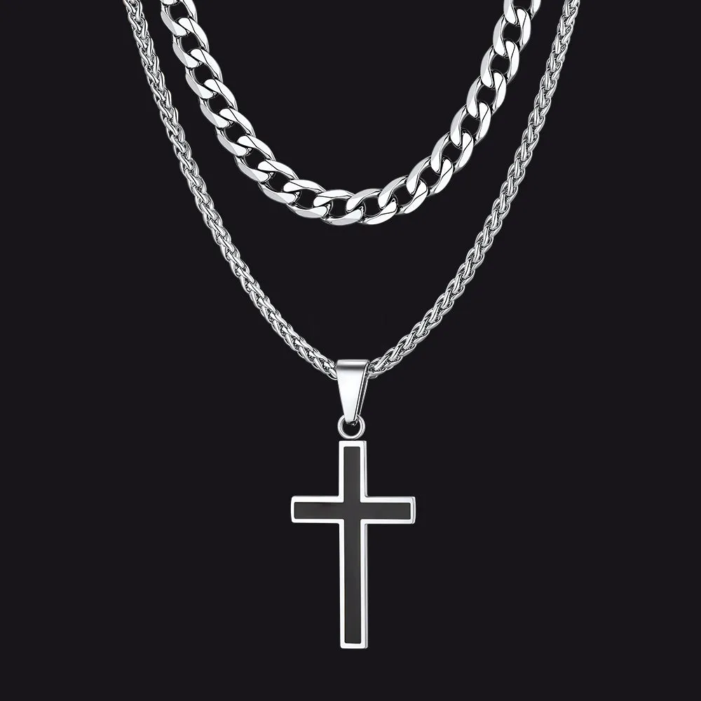 Cuban Curb Chain & Enamel Cross Layered Necklaces Set for Men sold by FaithHeart