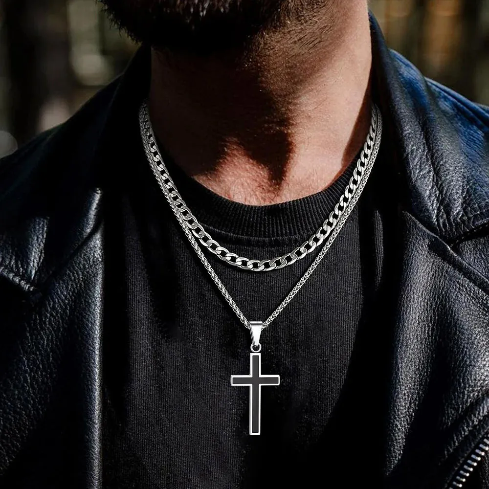 Cuban Curb Chain & Enamel Cross Layered Necklaces Set for Men sold by FaithHeart product image thumbnail 2