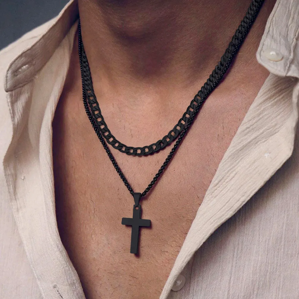 Gift for Men Cuban Chain & Cross Pendant Layered Necklace Set Birthday Gift sold by FaithHeart product image thumbnail 3