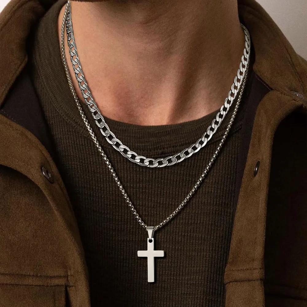 Gift for Men Cuban Chain & Cross Pendant Layered Necklace Set Birthday Gift sold by FaithHeart product image thumbnail 2