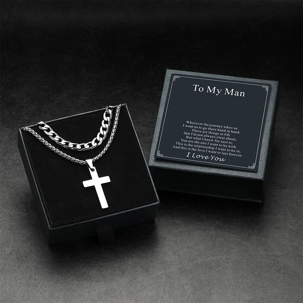 Gift for Men Cuban Chain & Cross Pendant Layered Necklace Set Birthday Gift sold by FaithHeart