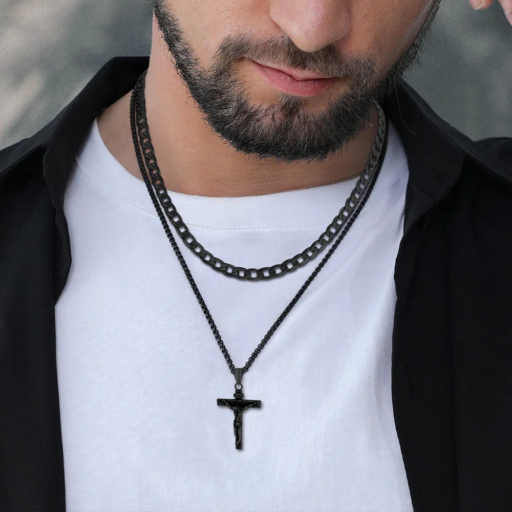 Gift for Men Jesus Cross & Cuban Chain Layered Necklace Set Birthday Gift sold by FaithHeart product image thumbnail 3