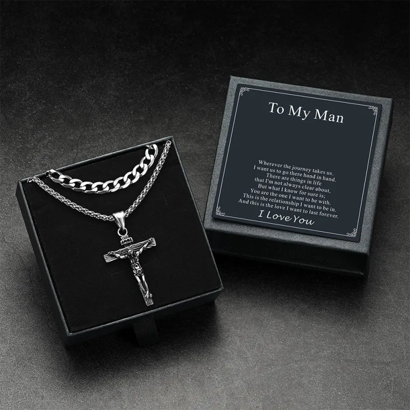 Gift for Men Jesus Cross & Cuban Chain Layered Necklace Set Birthday Gift sold by FaithHeart