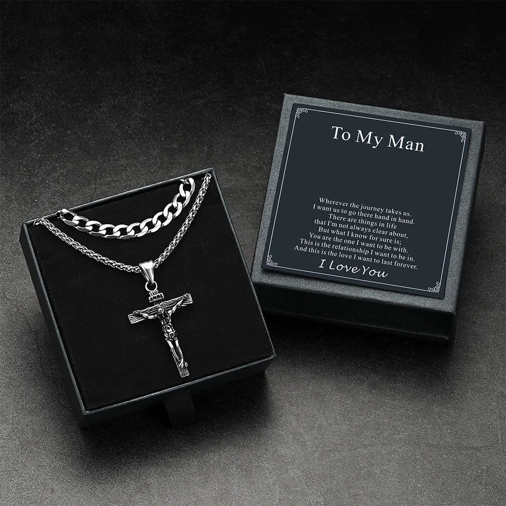 Gift for Men Jesus Cross & Cuban Chain Layered Necklace Set Birthday Gift sold by FaithHeart