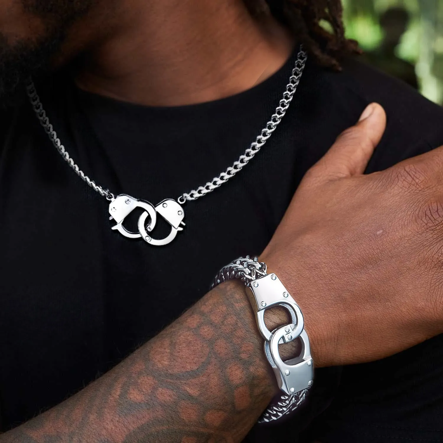 Gothic Punk Handcuff Necklace & Bracelet Jewelry Set for Men sold by FaithHeart product image thumbnail 2