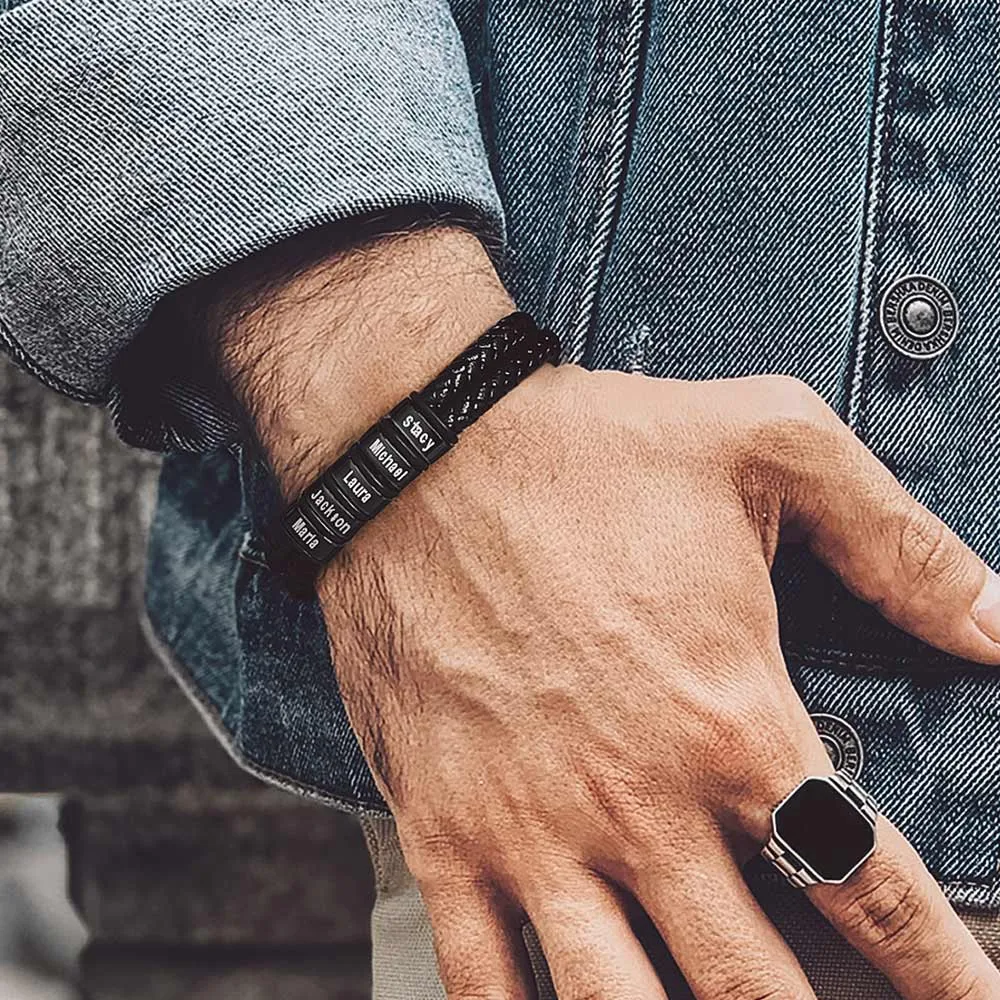 Engraving Name Braided Leather Bracelet 1-5 Beaded Gift for Men sold by FaithHeart product image thumbnail 2
