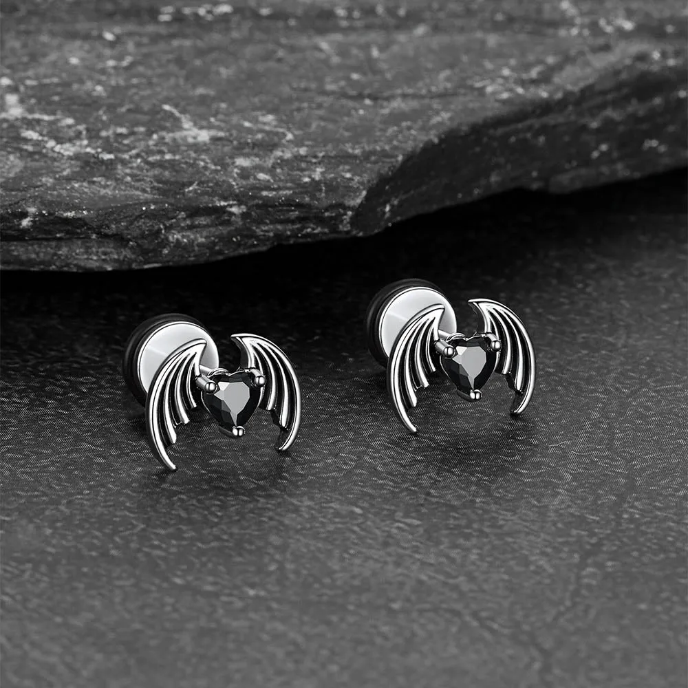 Black CZ Heart Devil Wings Stud Earrings in Stainless Steel sold by FaithHeart product image thumbnail 5