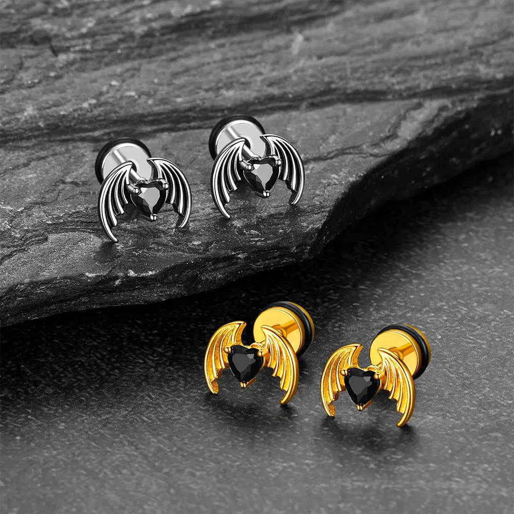 Black CZ Heart Devil Wings Stud Earrings in Stainless Steel sold by FaithHeart product image thumbnail 4