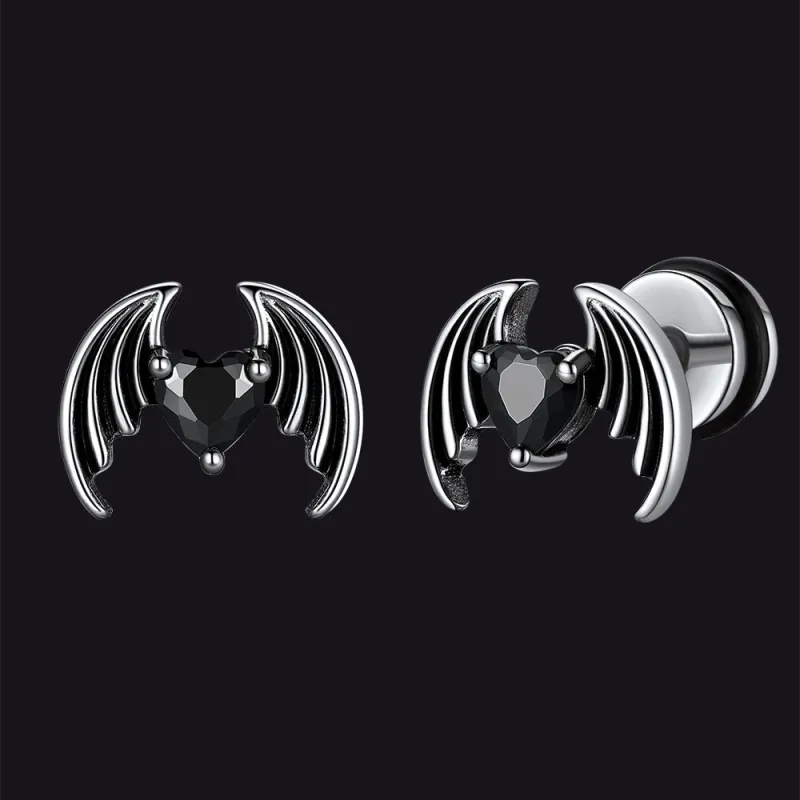 Black CZ Heart Devil Wings Stud Earrings in Stainless Steel sold by FaithHeart