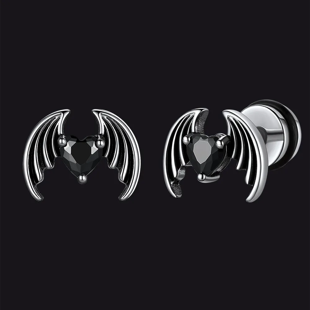 Black CZ Heart Devil Wings Stud Earrings in Stainless Steel sold by FaithHeart