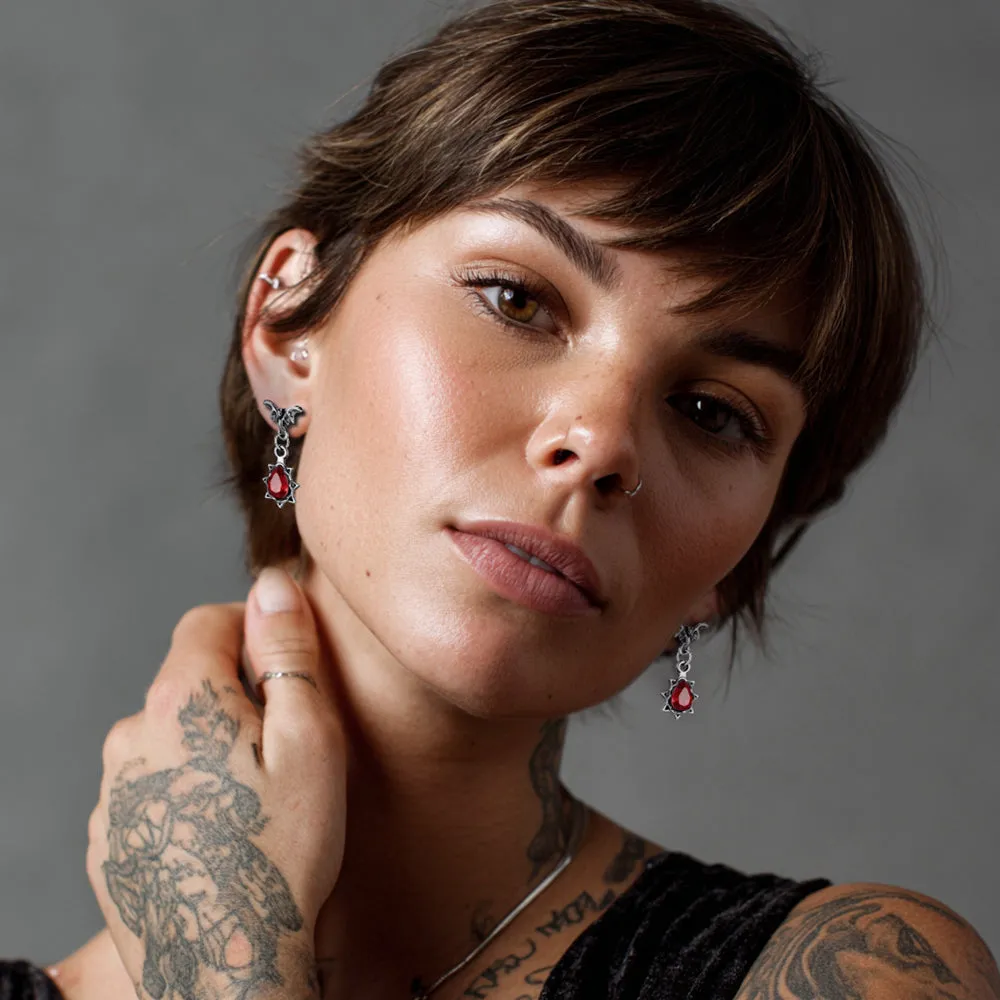 Gothic Punk Red CZ Bat Drop Earrings for Women Men sold by FaithHeart product image thumbnail 3
