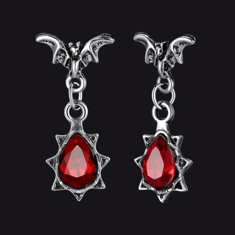 Gothic Punk Red CZ Bat Drop Earrings for Women Men sold by FaithHeart