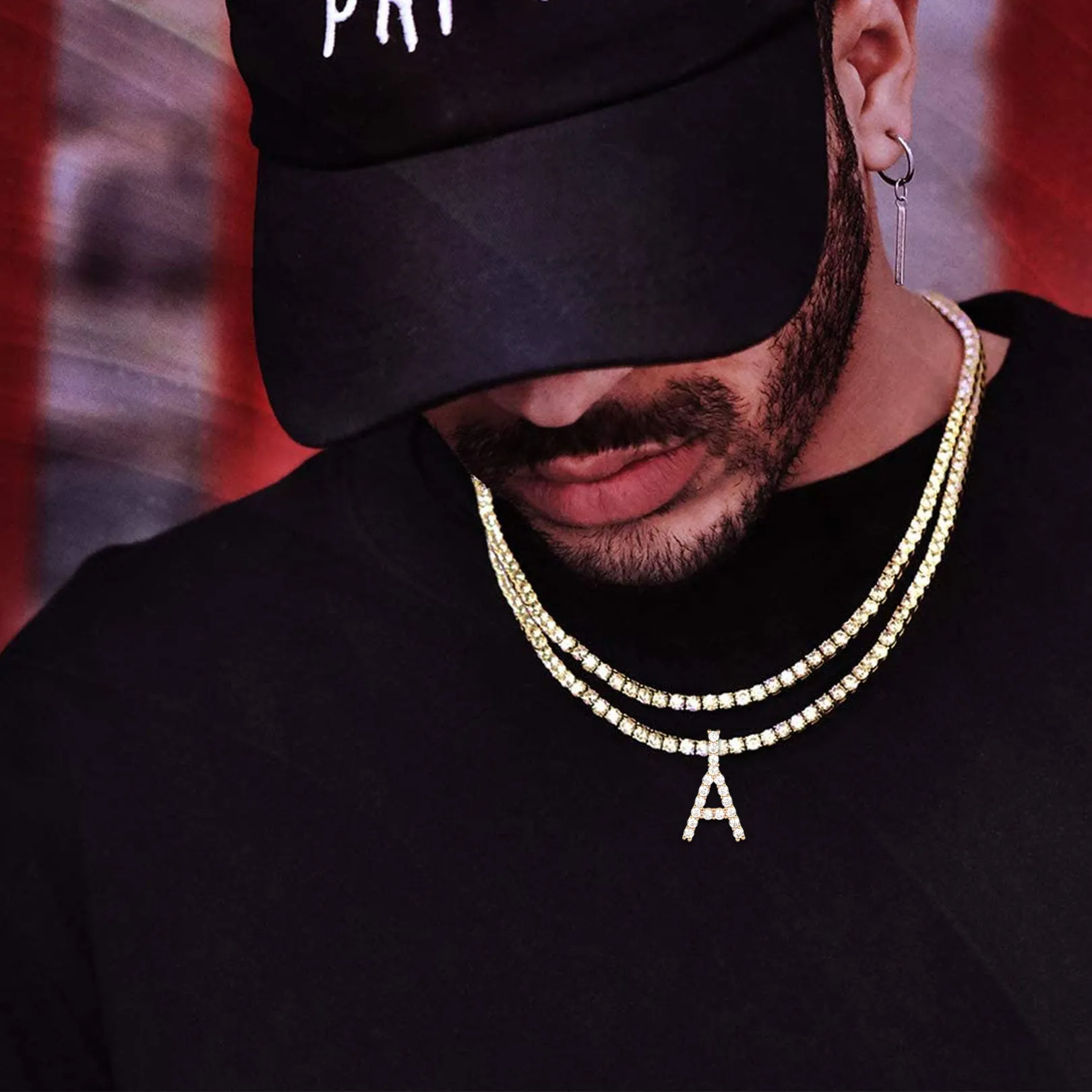 Initial Letter Pendant Necklace with Tennis Chain for Men Women sold by FaithHeart