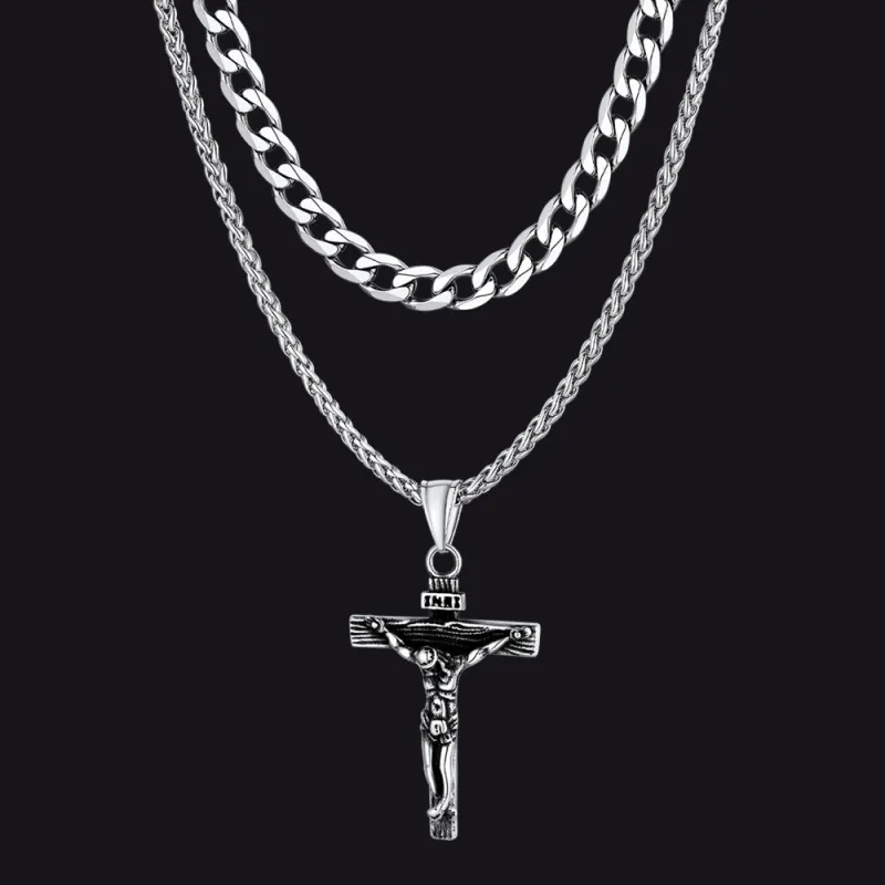 Jesus Crucifix Cross & Cuban Chain Layered Necklaces Set for Men Women sold by FaithHeart