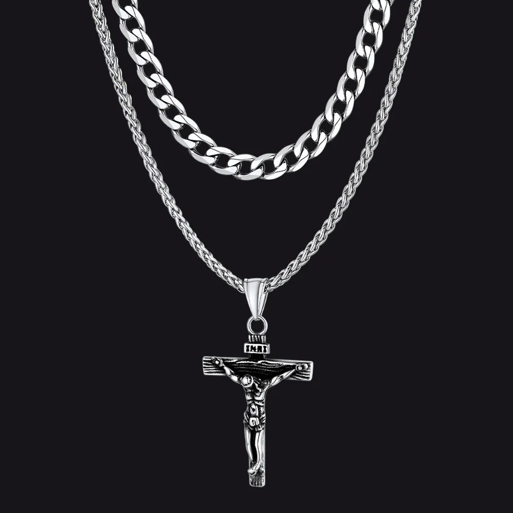 Jesus Crucifix Cross & Cuban Chain Layered Necklaces Set for Men Women sold by FaithHeart