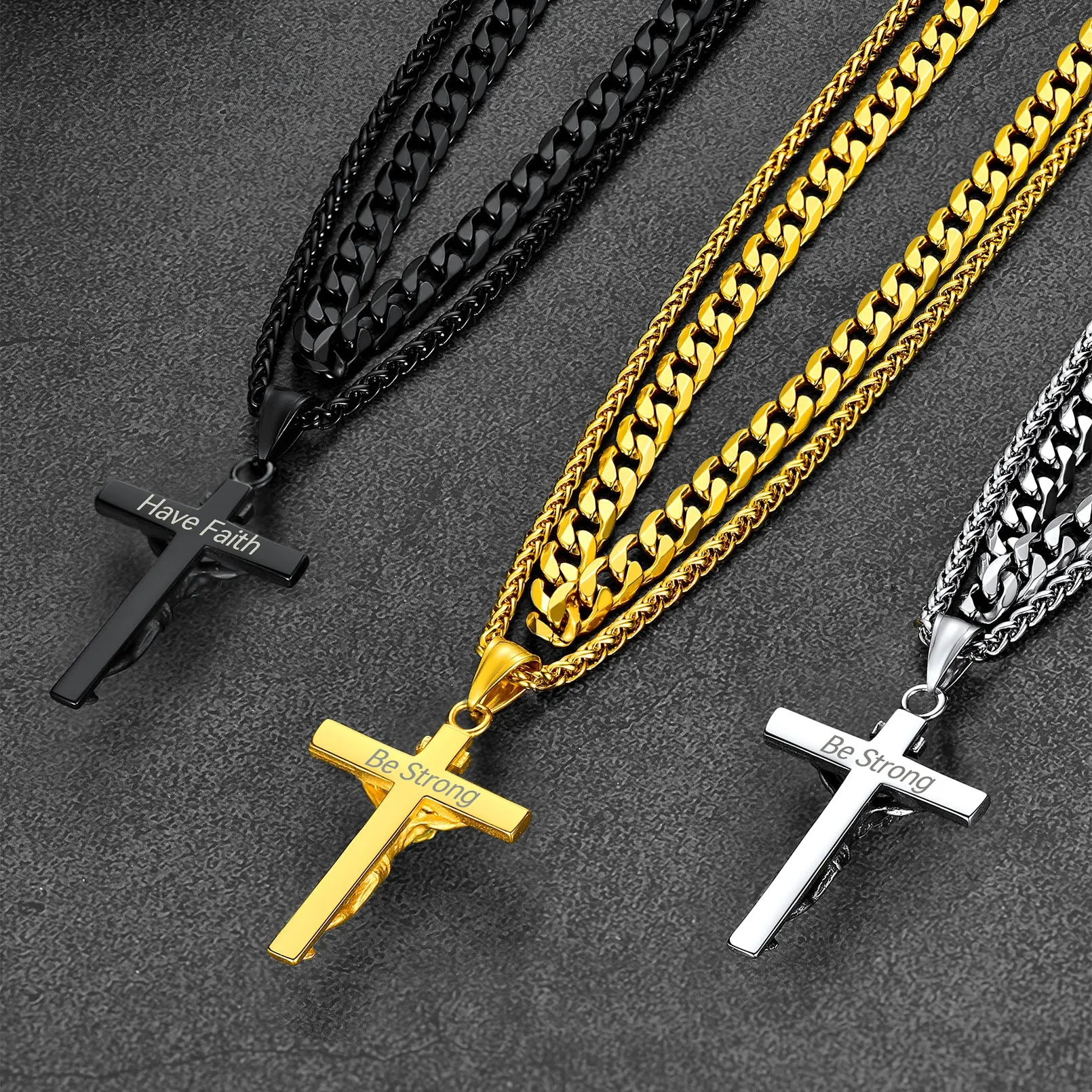 Jesus Crucifix Cross & Cuban Chain Layered Necklaces Set for Men Women sold by FaithHeart product image thumbnail 5
