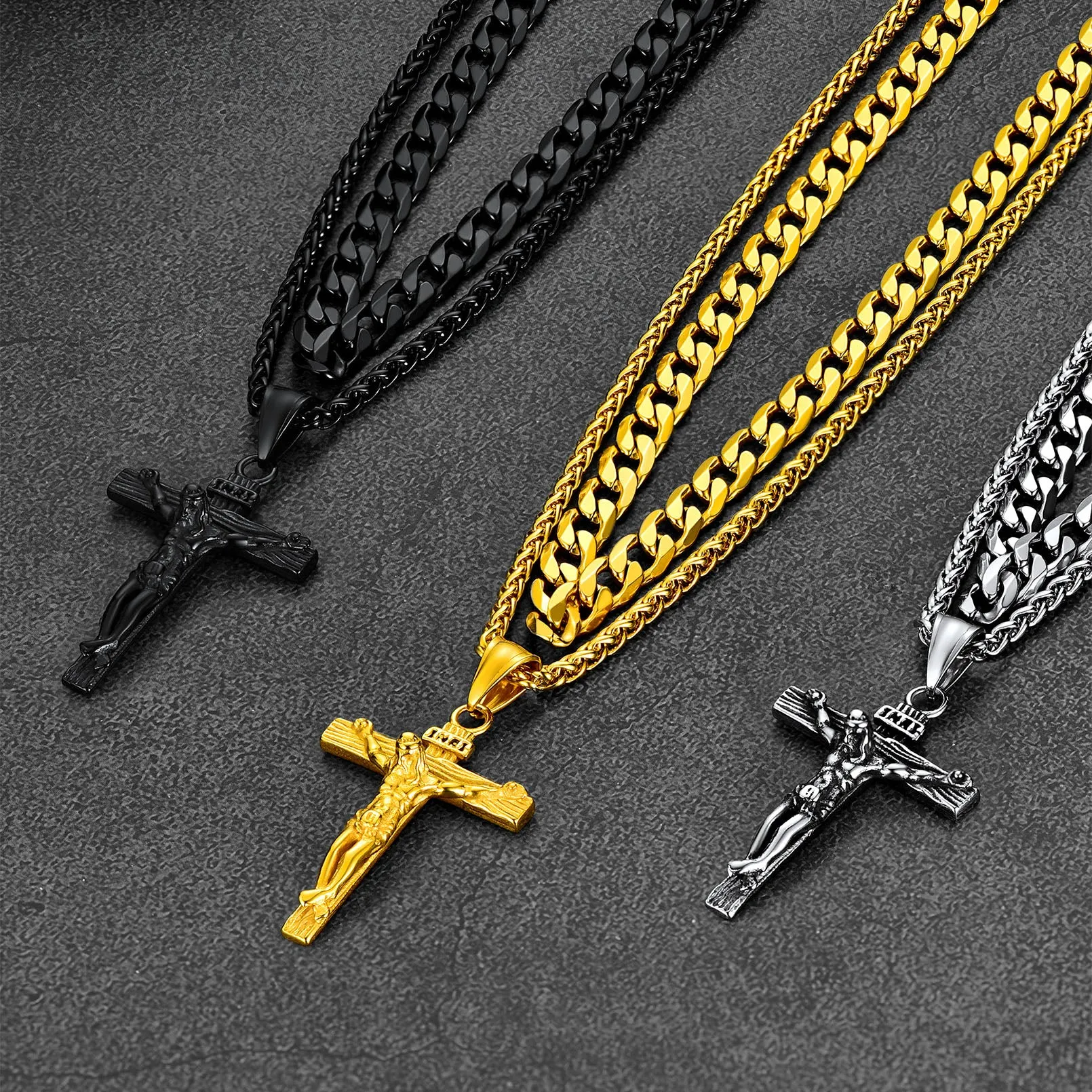 Jesus Crucifix Cross & Cuban Chain Layered Necklaces Set for Men Women sold by FaithHeart product image thumbnail 4