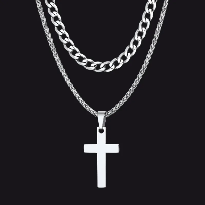 Cuban Chain & Cross Pendant Layered Necklaces Set for Men Women sold by FaithHeart