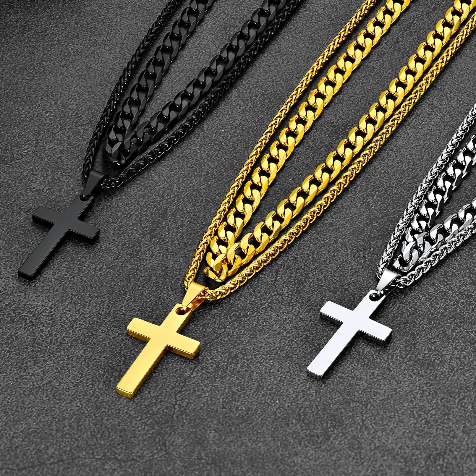 Cuban Chain & Cross Pendant Layered Necklaces Set for Men Women sold by FaithHeart product image thumbnail 4