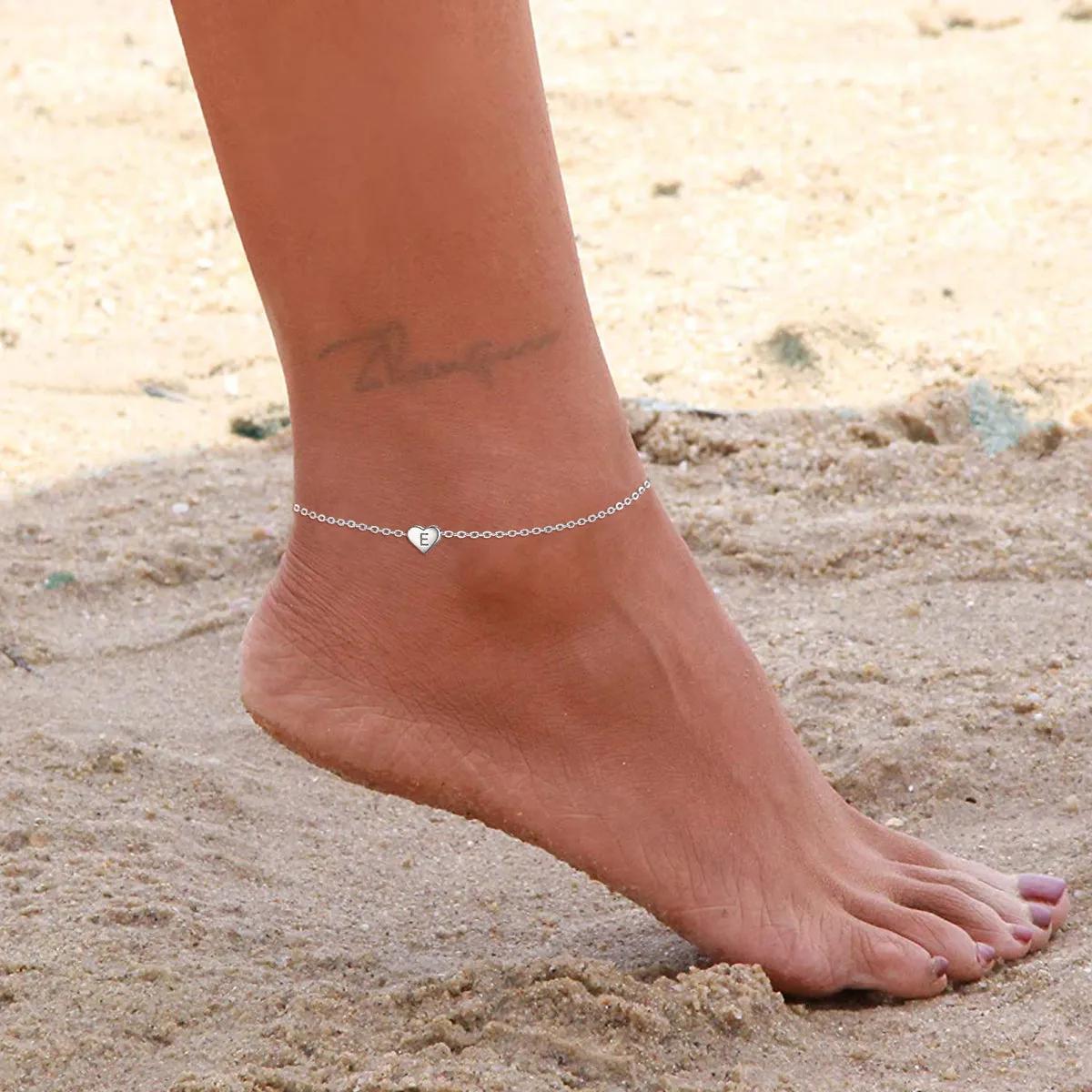 Sterling Silver Dainty Beach Heart Initial Anklet for Women sold by FaithHeart product image thumbnail 2