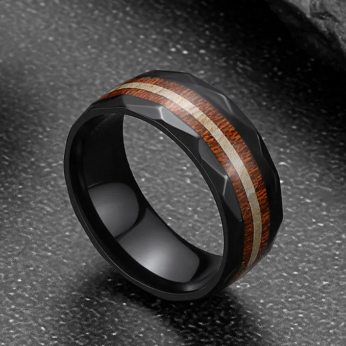 8mm Black Wooden Grain Inlay Wedding Band Ring for Men sold by FaithHeart product image thumbnail 3