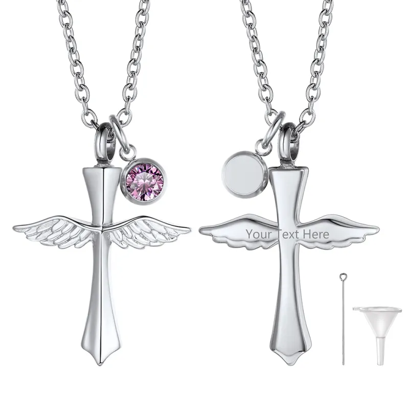 Custom Cremation Cross Wing Urn Necklace for Ashes with Birthstone sold by FaithHeart