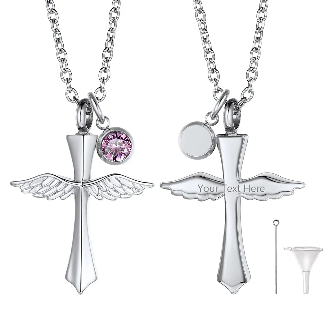 Custom Cremation Cross Wing Urn Necklace for Ashes with Birthstone sold by FaithHeart