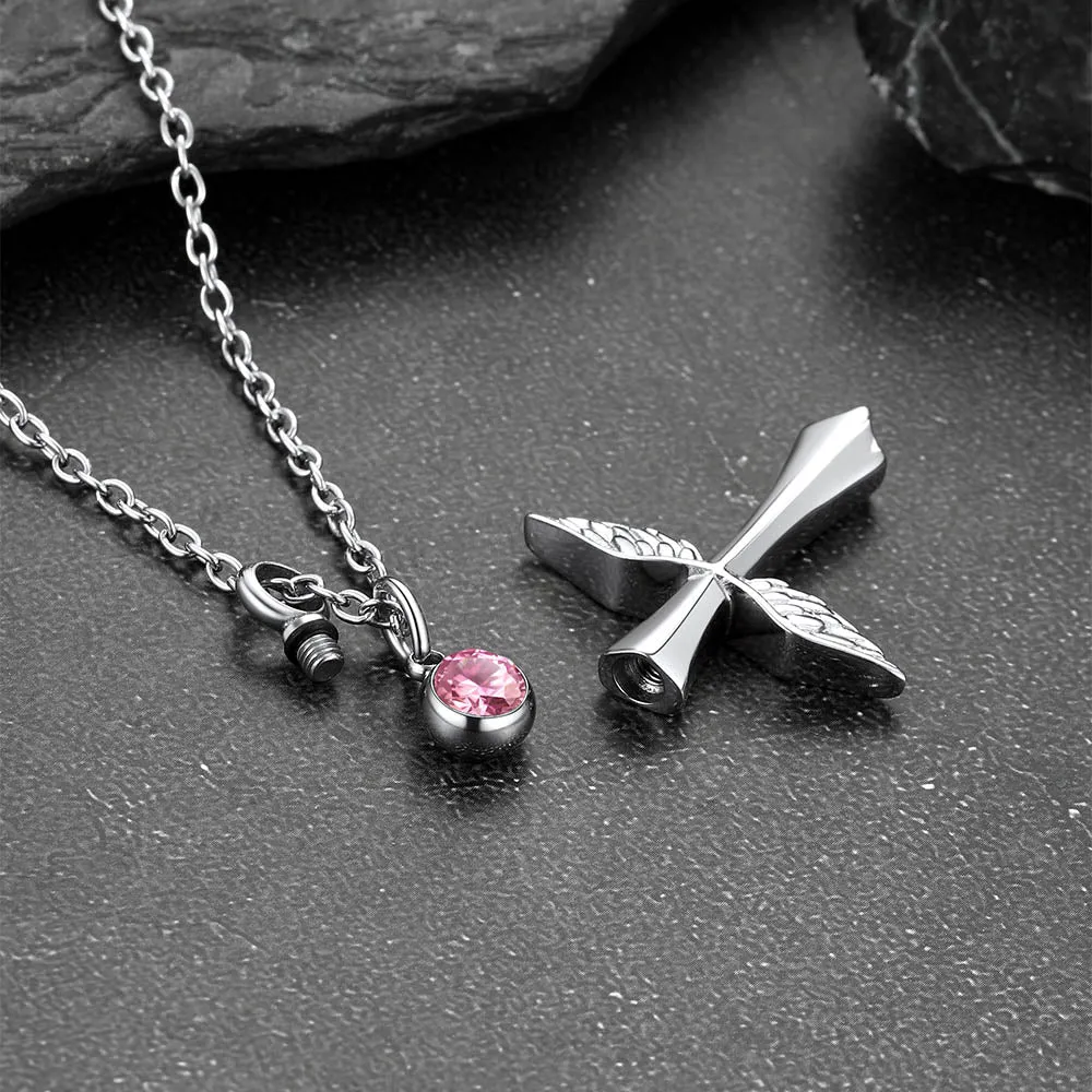 Custom Cremation Cross Wing Urn Necklace for Ashes with Birthstone sold by FaithHeart product image thumbnail 4