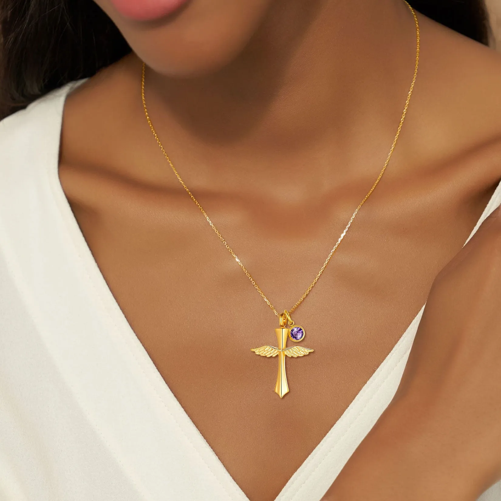 Custom Cremation Cross Wing Urn Necklace for Ashes with Birthstone sold by FaithHeart product image thumbnail 2