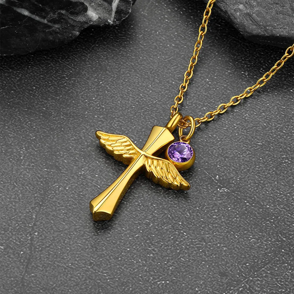 Custom Cremation Cross Wing Urn Necklace for Ashes with Birthstone sold by FaithHeart product image thumbnail 5