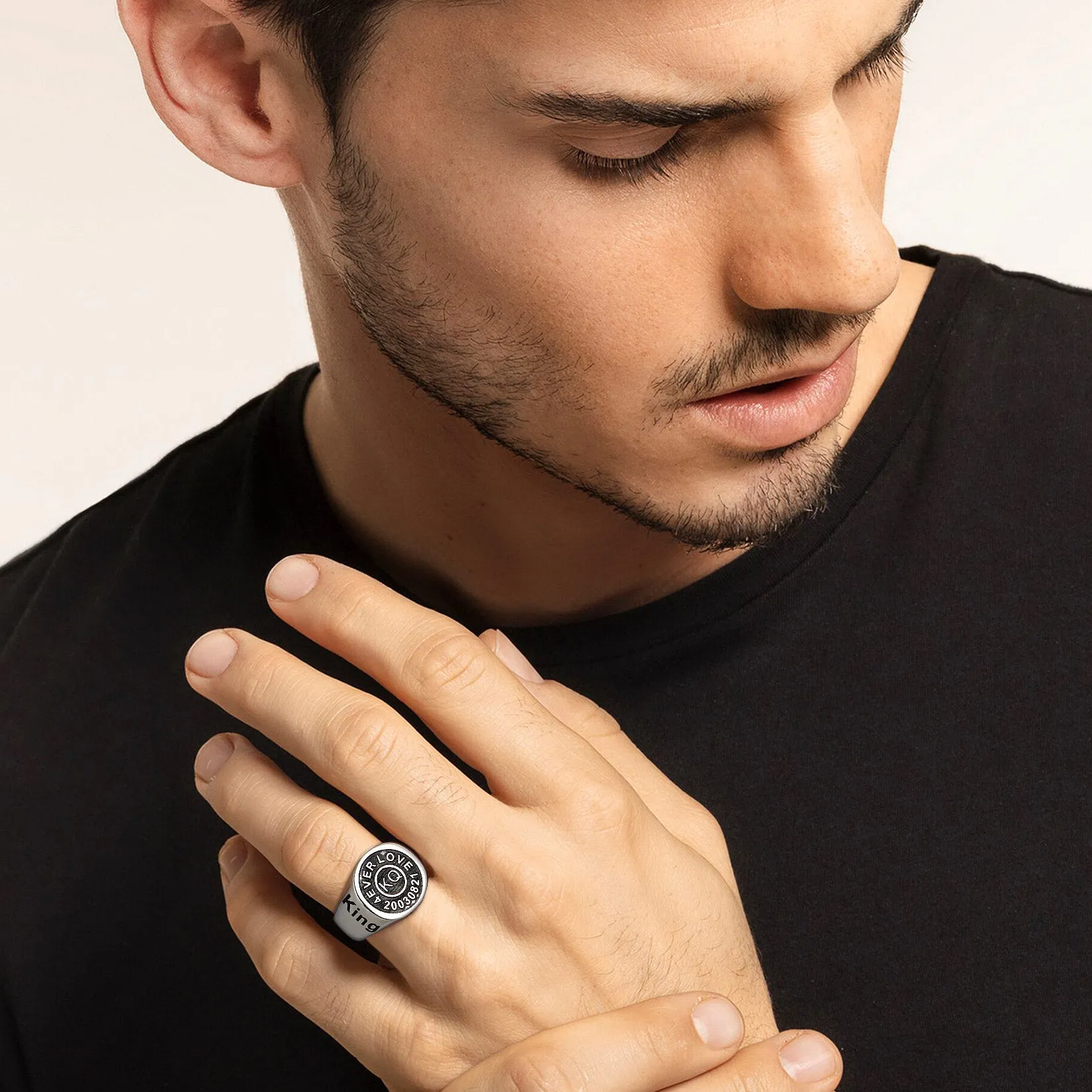 Gothic Engraving Initial Signet Ring for Men sold by FaithHeart product image thumbnail 4