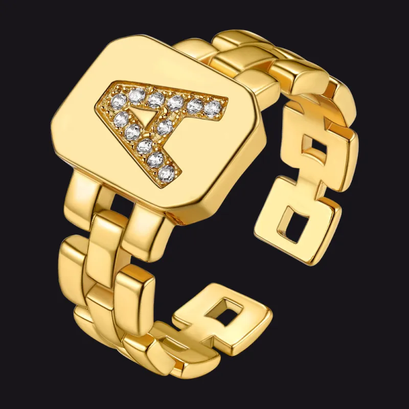 Cubic Zirconia Initial Letter Adjustable Chain Signet Rings for Women Men sold by FaithHeart