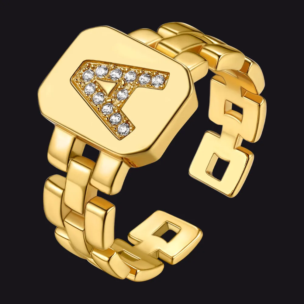Cubic Zirconia Initial Letter Adjustable Chain Signet Rings for Women Men sold by FaithHeart