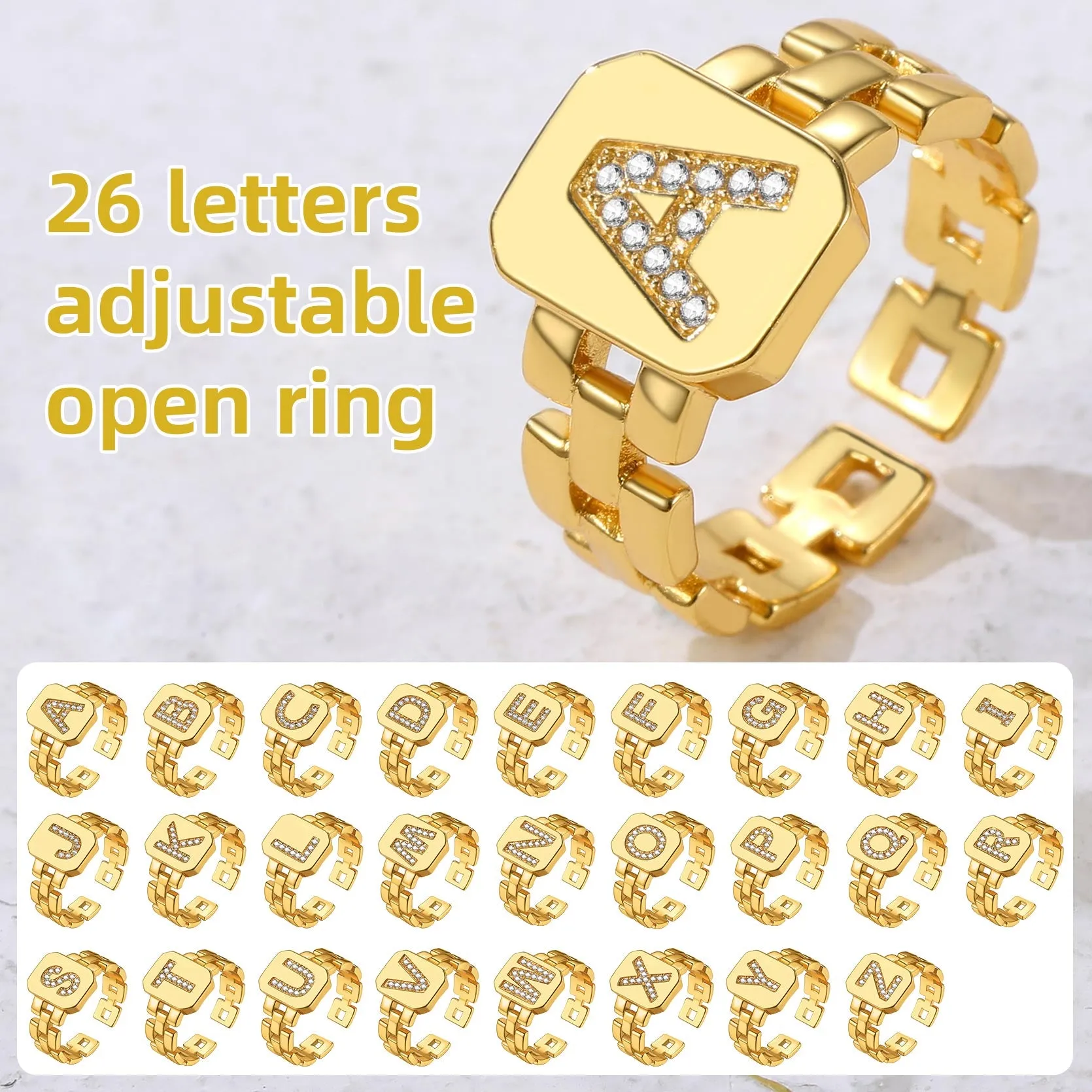 Cubic Zirconia Initial Letter Adjustable Chain Signet Rings for Women Men sold by FaithHeart product image thumbnail 4