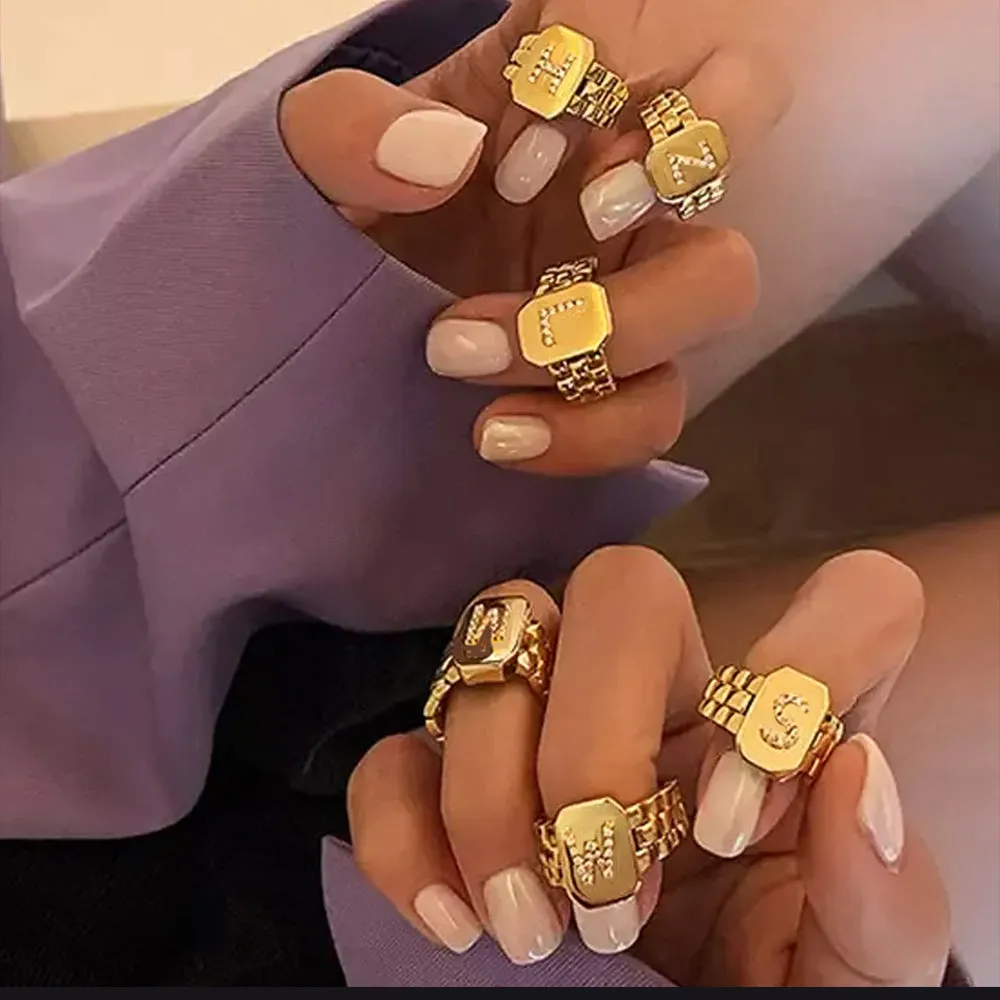 Cubic Zirconia Initial Letter Adjustable Chain Signet Rings for Women Men sold by FaithHeart product image thumbnail 3