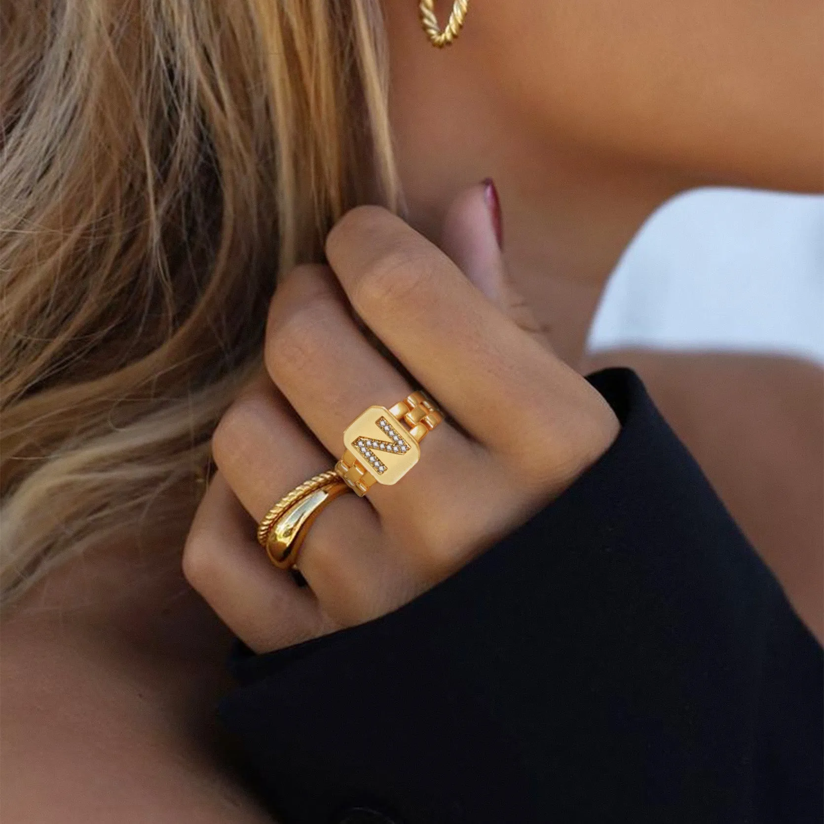 Cubic Zirconia Initial Letter Adjustable Chain Signet Rings for Women Men sold by FaithHeart product image thumbnail 2