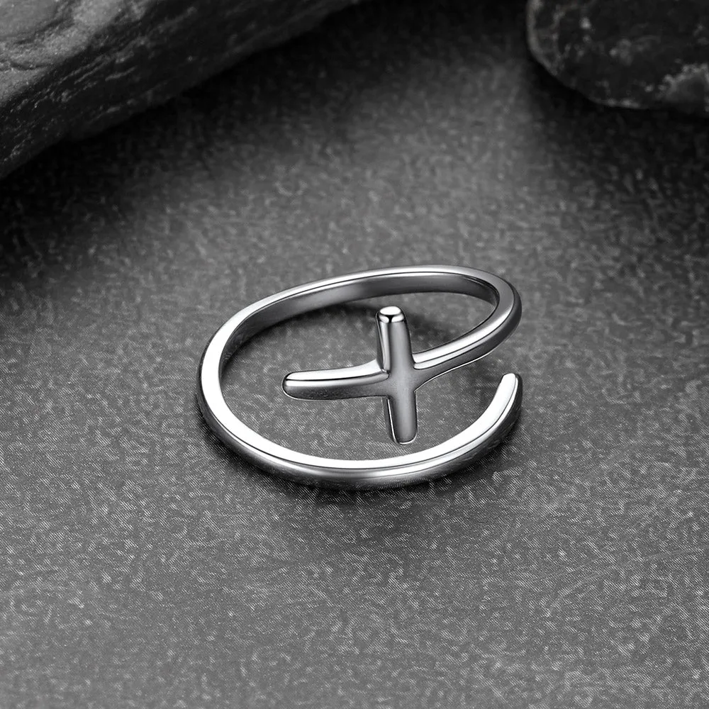 Sterling Silver Sideways Cross Ring Adjustable Open Ring for Women Men sold by FaithHeart product image thumbnail 4