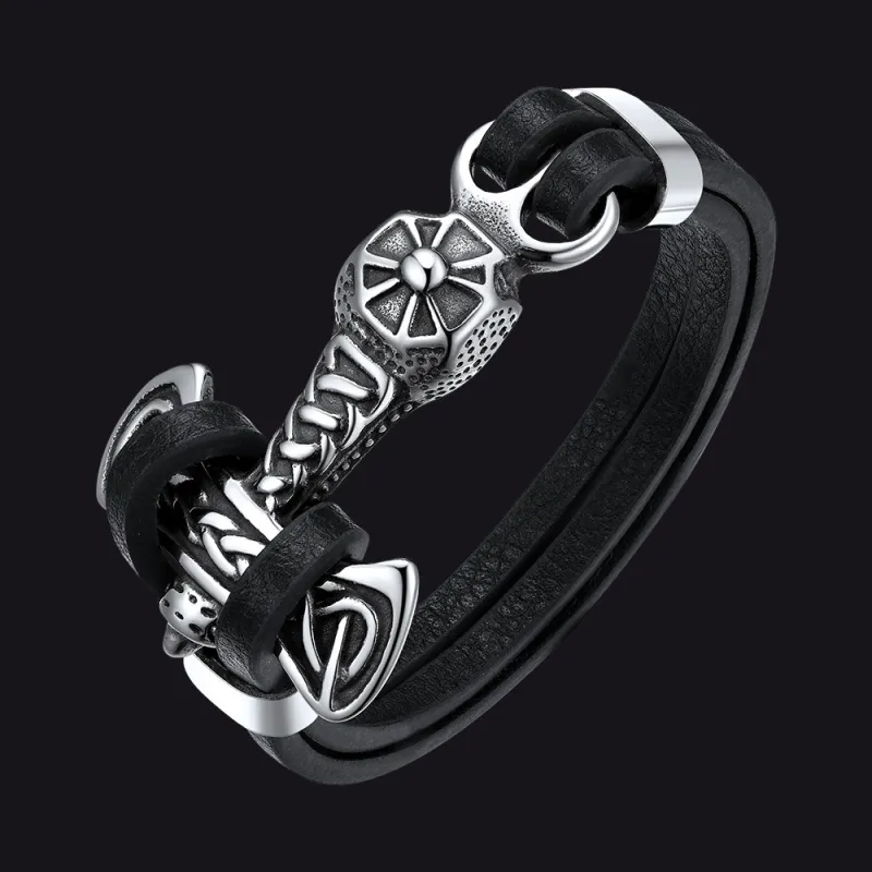 Viking Mjolnir Thor's Hammer Leather Bracelet for Men sold by FaithHeart