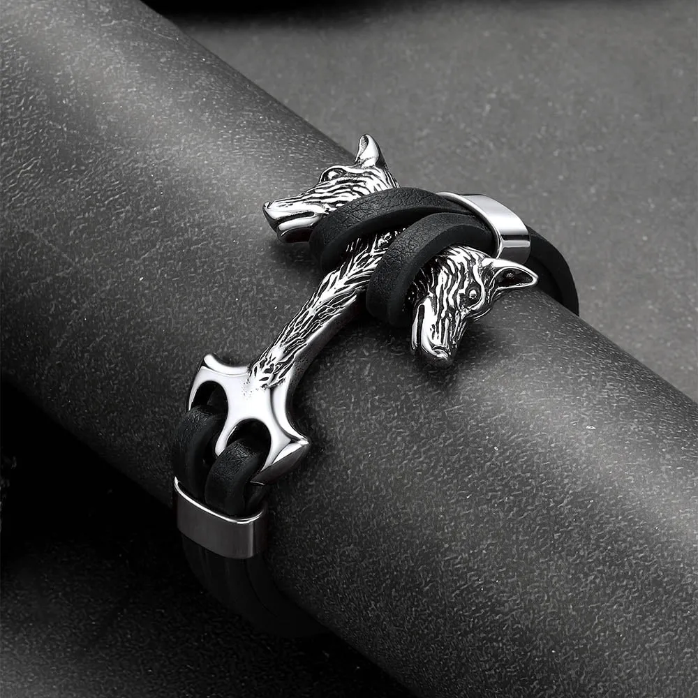 Viking Double Wolf Head Leather Bracelet for Men sold by FaithHeart product image thumbnail 5