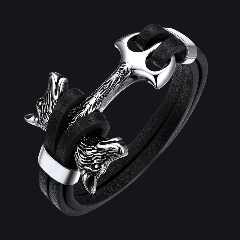 Viking Double Wolf Head Leather Bracelet for Men sold by FaithHeart