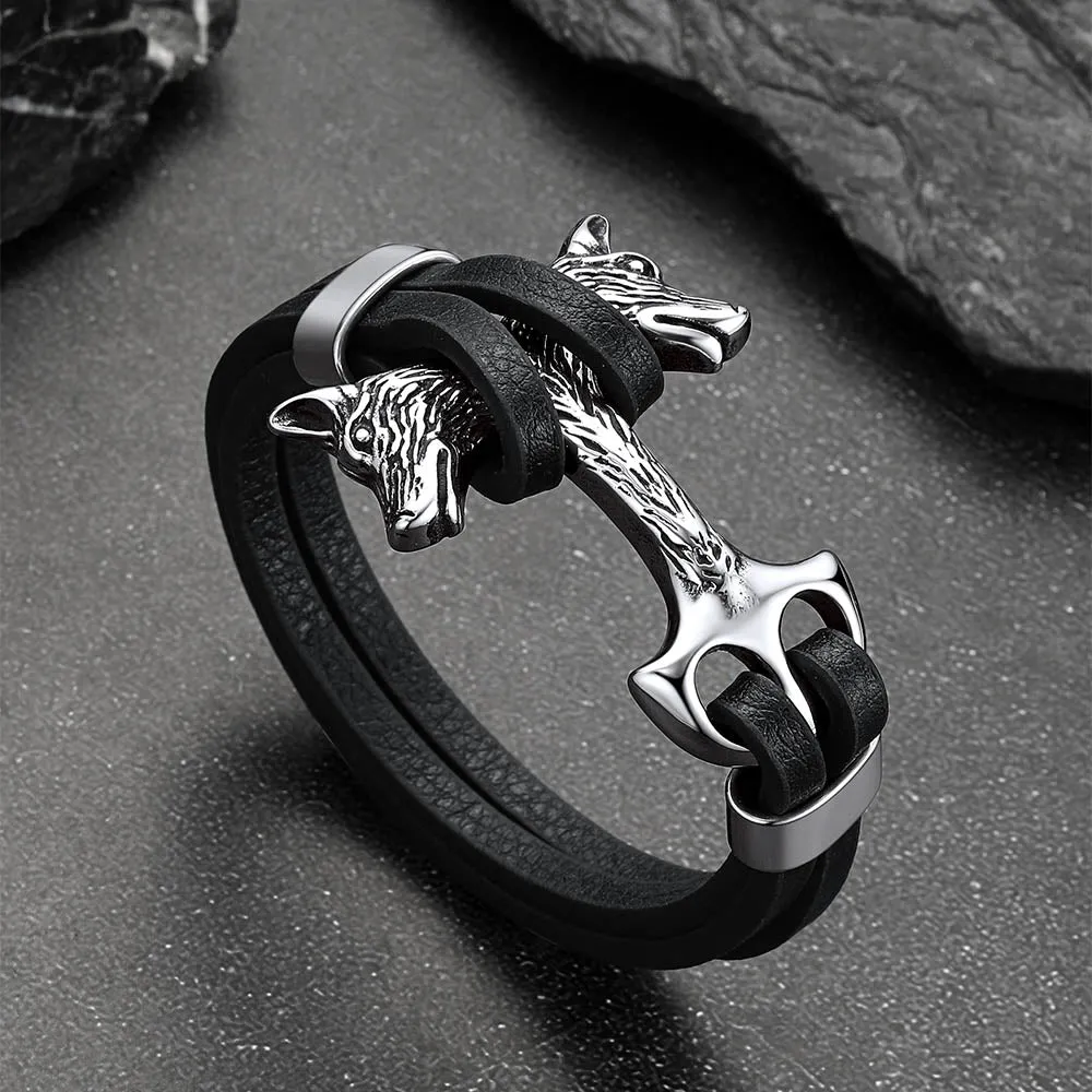Viking Double Wolf Head Leather Bracelet for Men sold by FaithHeart product image thumbnail 4