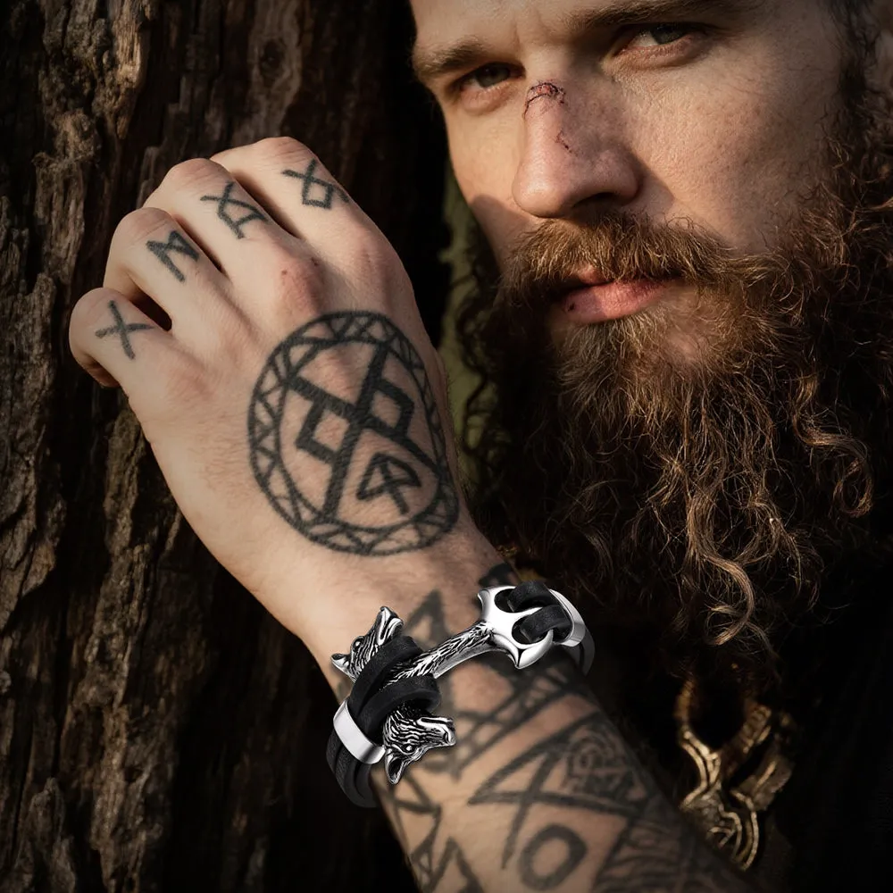 Viking Double Wolf Head Leather Bracelet for Men sold by FaithHeart product image thumbnail 2