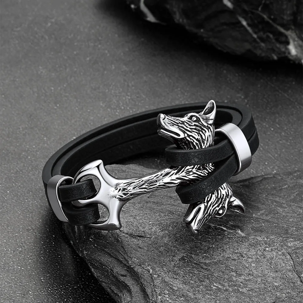 Viking Double Wolf Head Leather Bracelet for Men sold by FaithHeart product image thumbnail 3