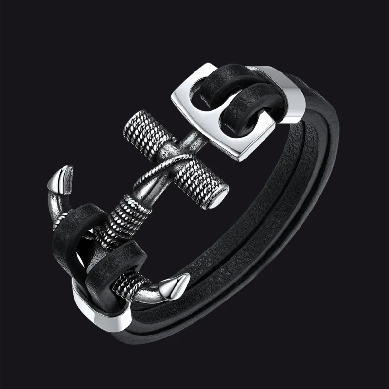 Viking Stainless Steel Anchor Black Leather Bracelet for Men sold by FaithHeart