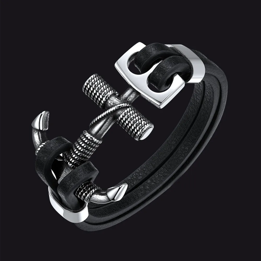 Viking Stainless Steel Anchor Black Leather Bracelet for Men sold by FaithHeart