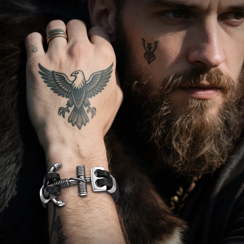 Viking Stainless Steel Anchor Black Leather Bracelet for Men sold by FaithHeart product image thumbnail 2