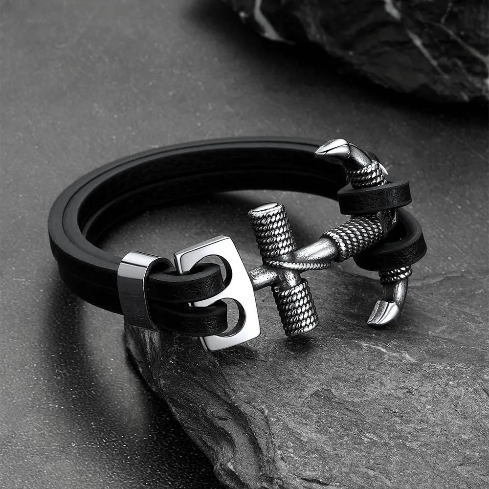 Viking Stainless Steel Anchor Black Leather Bracelet for Men sold by FaithHeart product image thumbnail 3