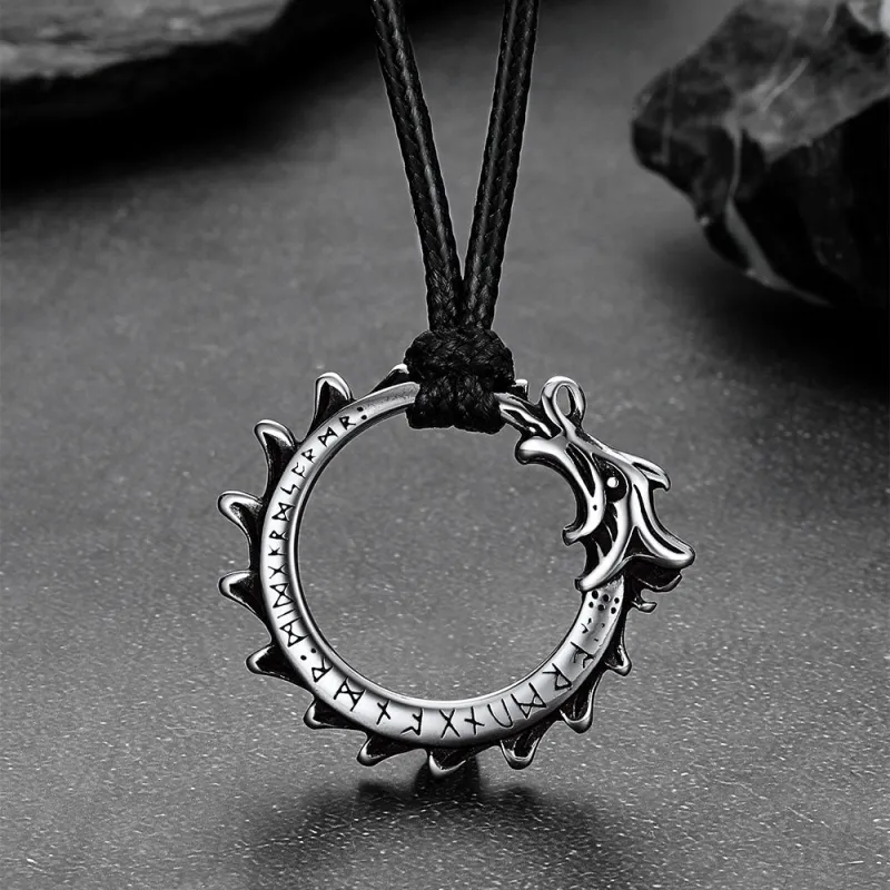 Gothic Dragon Circle Necklace with Leather Chain for Men sold by FaithHeart