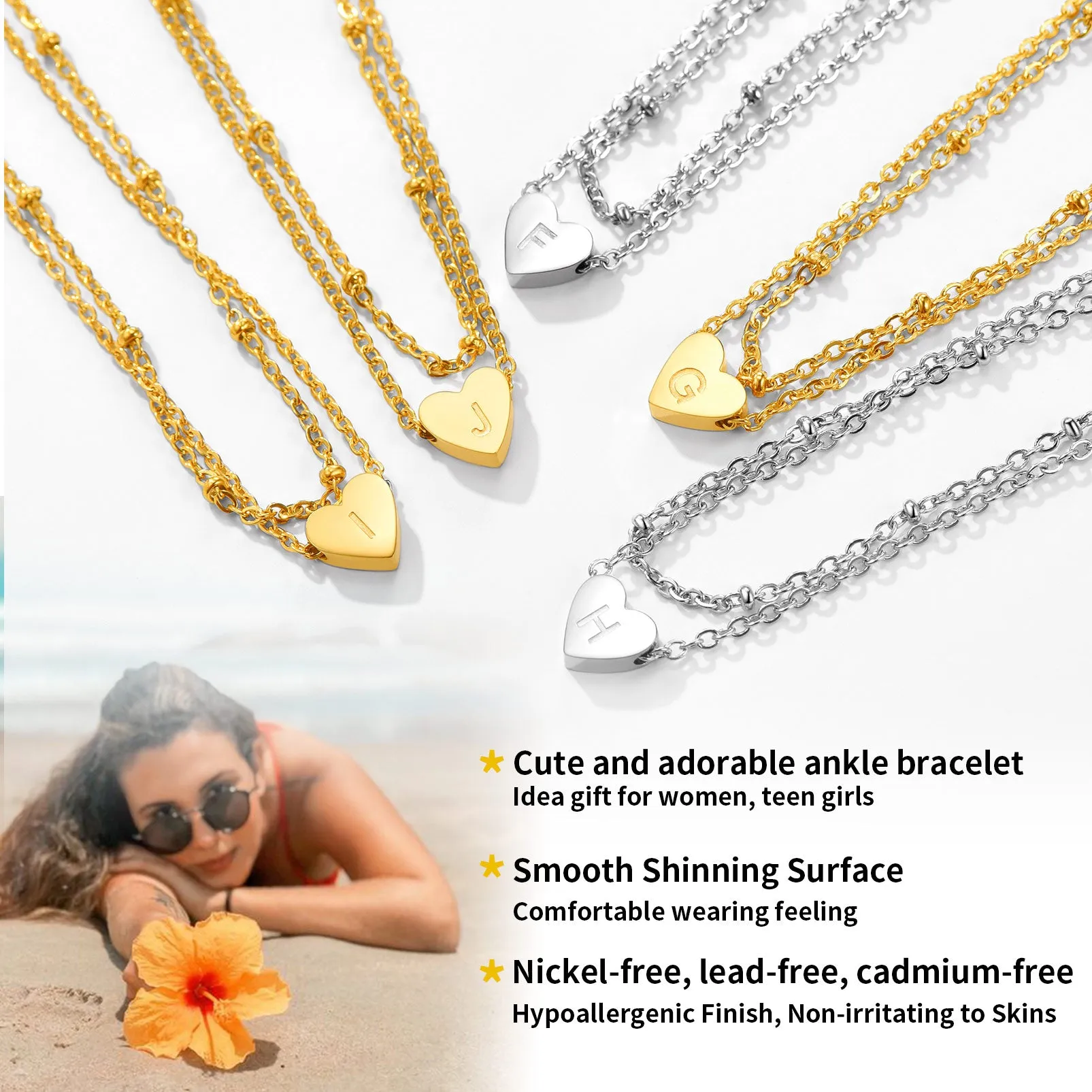 Initial Letter Heart Anklet Chain Layered Anklet for Women sold by FaithHeart product image thumbnail 3