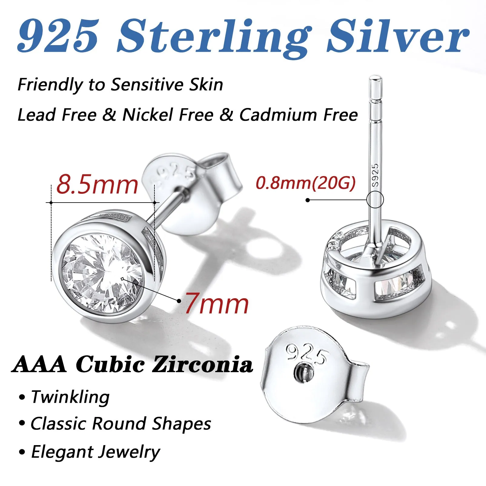 Flash Sale Sterling Silver Cubic Zirconia Stud Earrings for Women Men 5mm 7mm 9mm sold by FaithHeart product image thumbnail 4